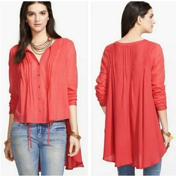 Free People- Sisters of the Moon Coral Boho Blouse High Low, Size Small - Picture 1 of 11